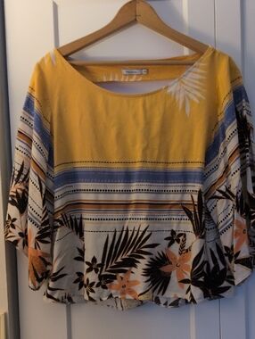 Yellow Floral Stripe Boatneck Tunic Top